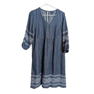 J Jill Denim Womens Size Small Knee Length Dress 3/4 Sleeve Cowgirl Embroidered
